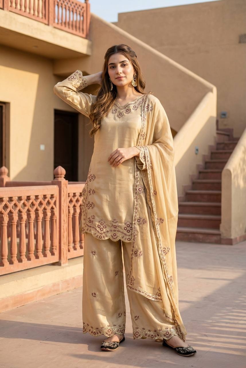 New Heavy Roman Glass Beige Kurta Palazzo With Dupatta For Party Wear