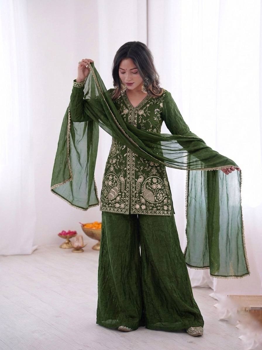 Stunning Pure Silk Green Top Palazzo With Dupatta For Women Wedding Wear