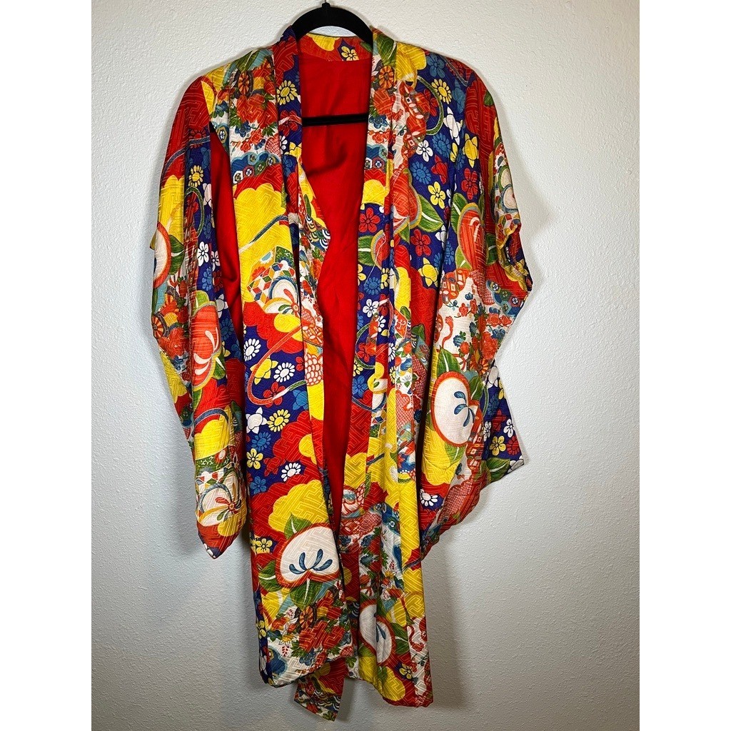Vintage 70s Handmade Kimono Robe Japanese Childrens Multicolor Floral Fruit