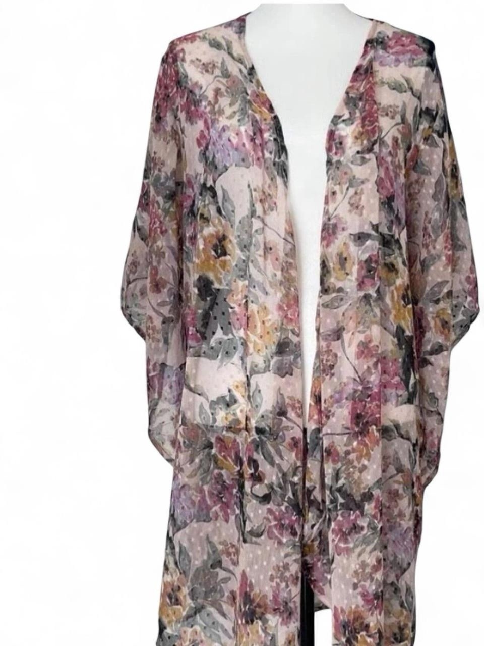 Vince Camuto Pink Floral Print Draped Swiss Dot Kimono/Coverup/ CardiganOne Size