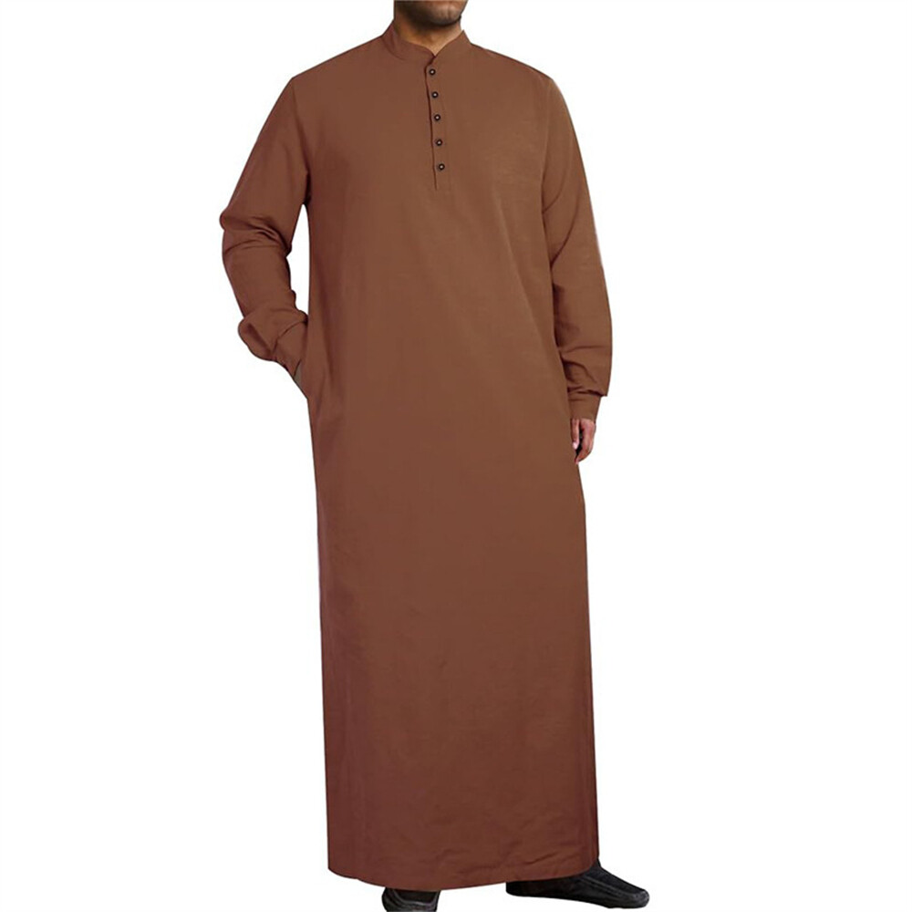 Men’s Long Sleeve Muslim Clothing Saudi Jubba Arab Kaftan Thobe Long Dress Robe