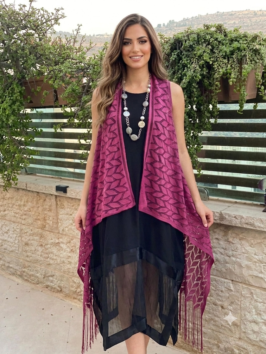 Palestinian Handmade dress scarf vista purple color and suitable necklace