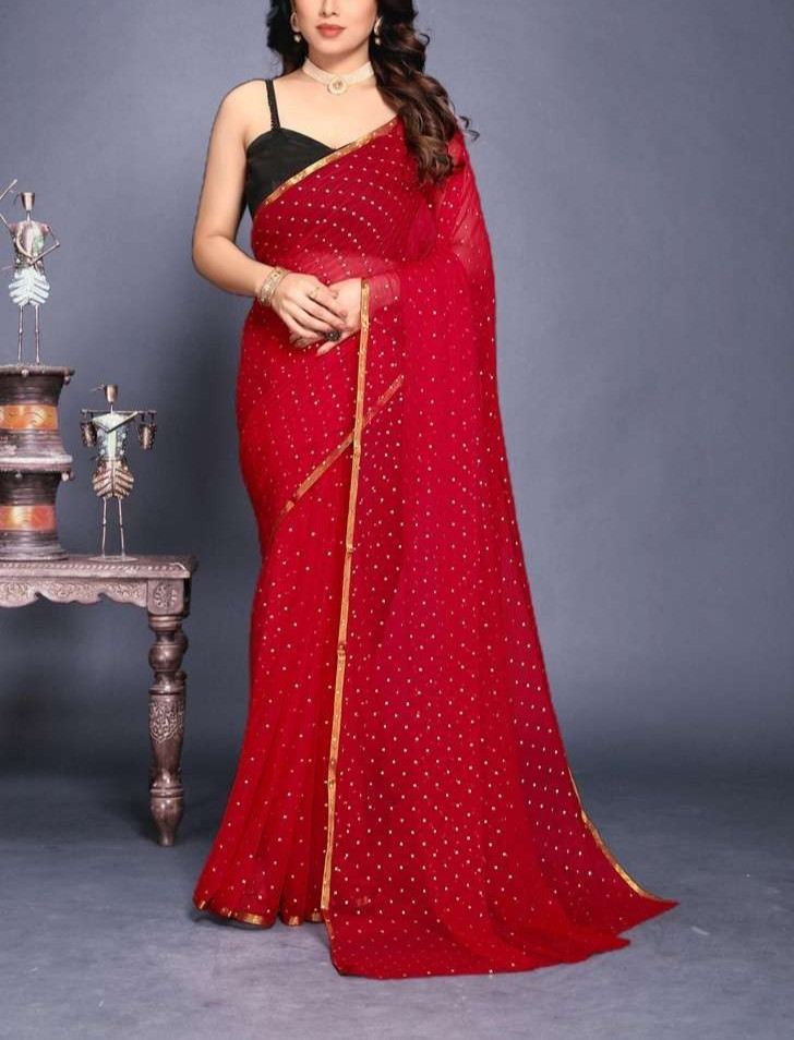 Printed Daily Wear Chiffon Saree with Unstitched Blouse (Red)