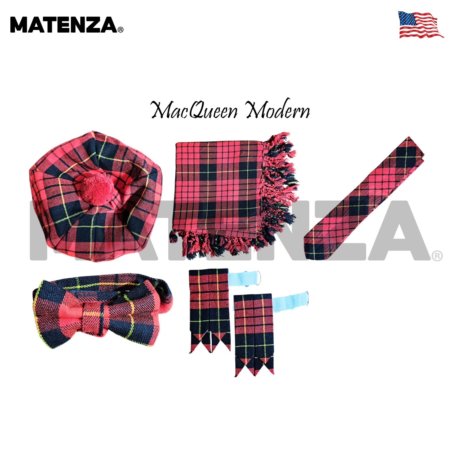 MacQueen Modern Tartan Scottish Kilt Accessories 5Pc Dress Set