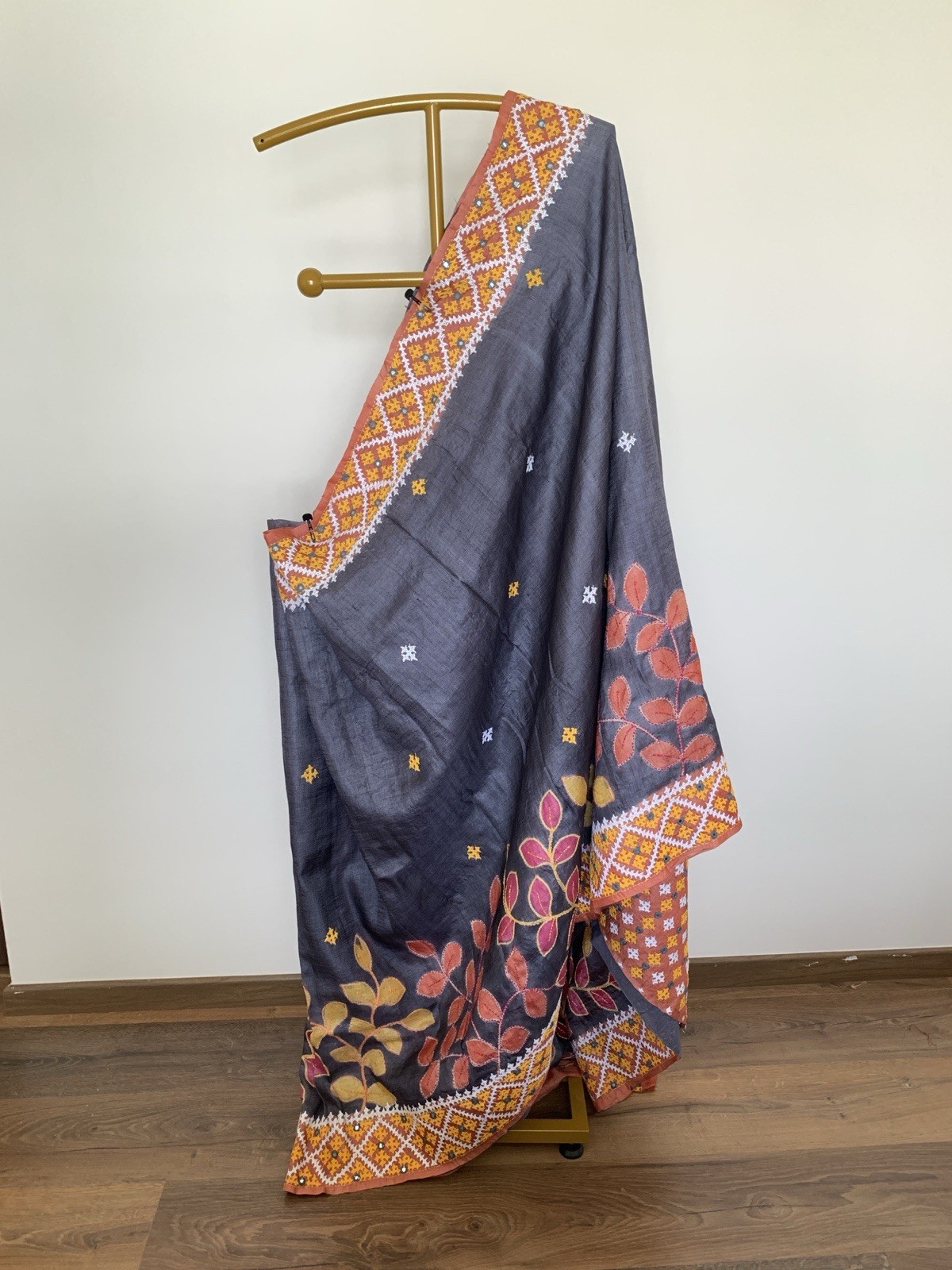 Gray Gujurati Stitch Tussar Silk Saree sari Festival party wear For Women