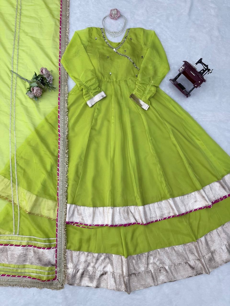 New Tabby Organza Silk Parrot Green Top Lehenga With Dupatta For Ethnic Wear