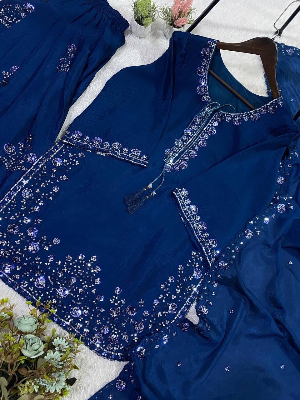 Ethnic Wear Teal Blue Chinon Top Bottom With Dupatta For Women And Girls