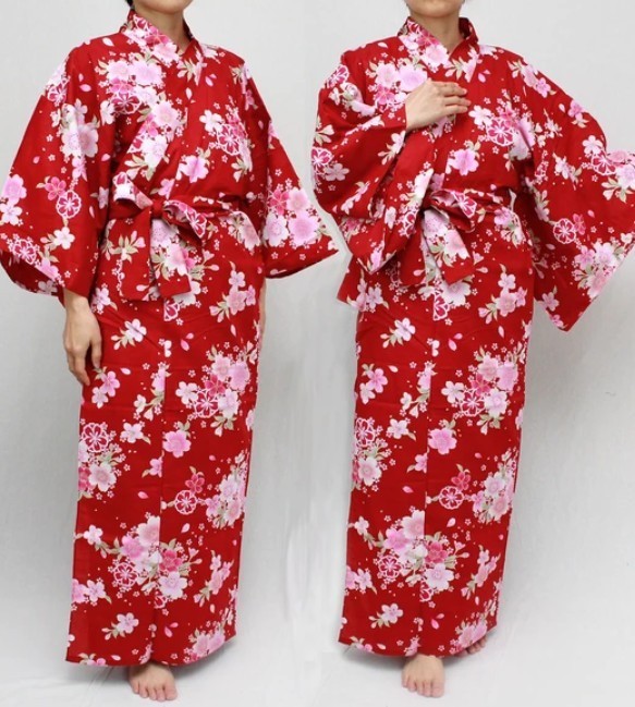 Japanese Yukata Cotton 100% Traditional Summer Kimono Robe – Cherry Blossoms Red
