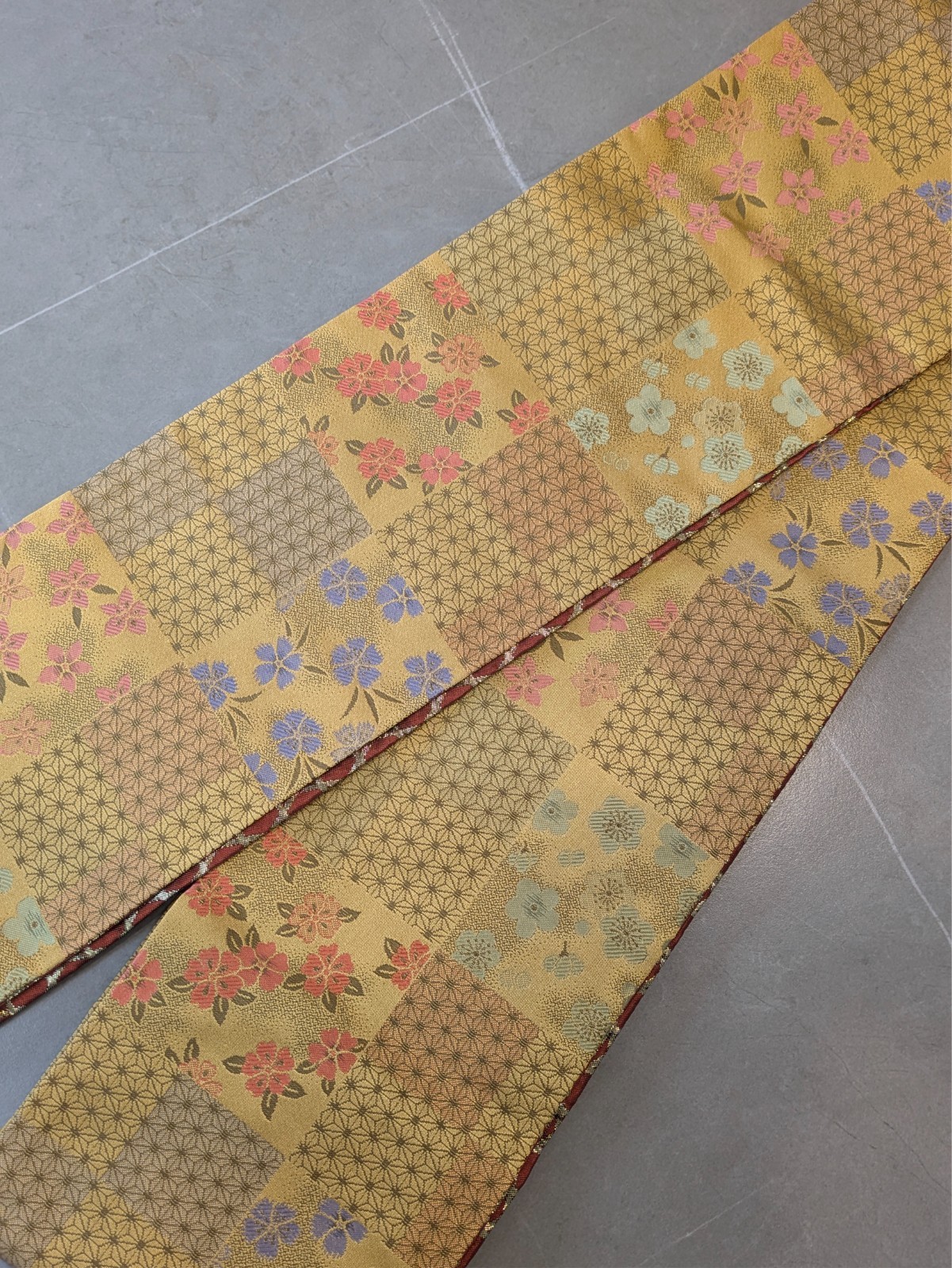 Japanese Kimono Half Obi Gold Red Reversible Floral Geometric Washable Material