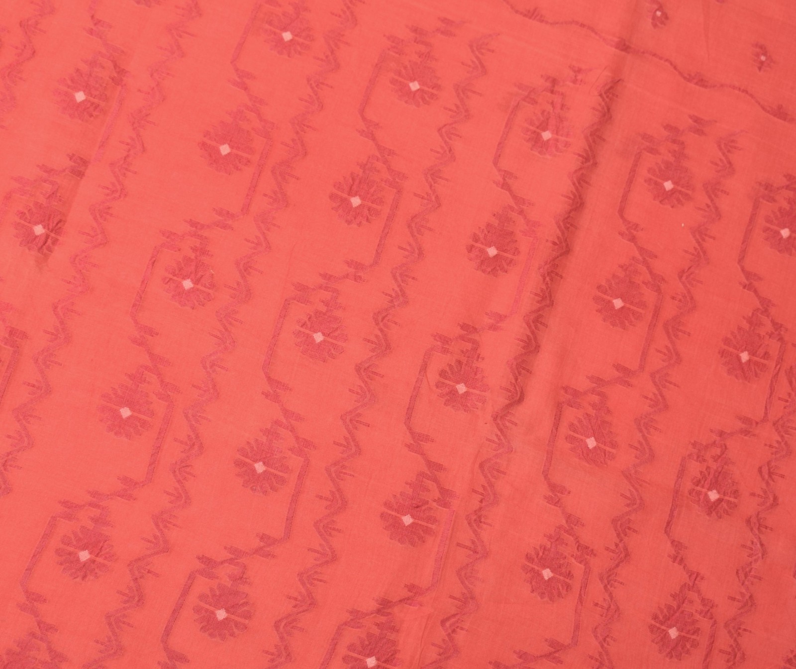 Sushila Vintage Red Saree Pure Cotton Bengal Tant Woven Floral Sari Craft Fabric