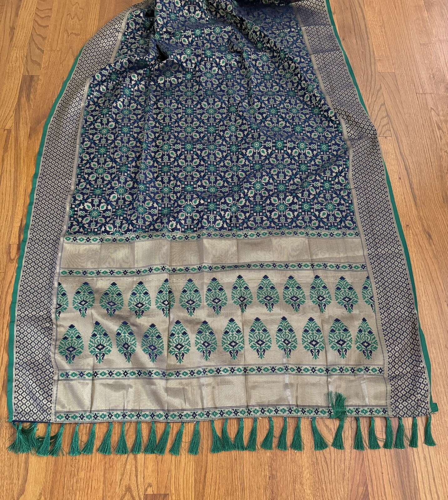 Indian Saree in Green, Blue, and Gold Color