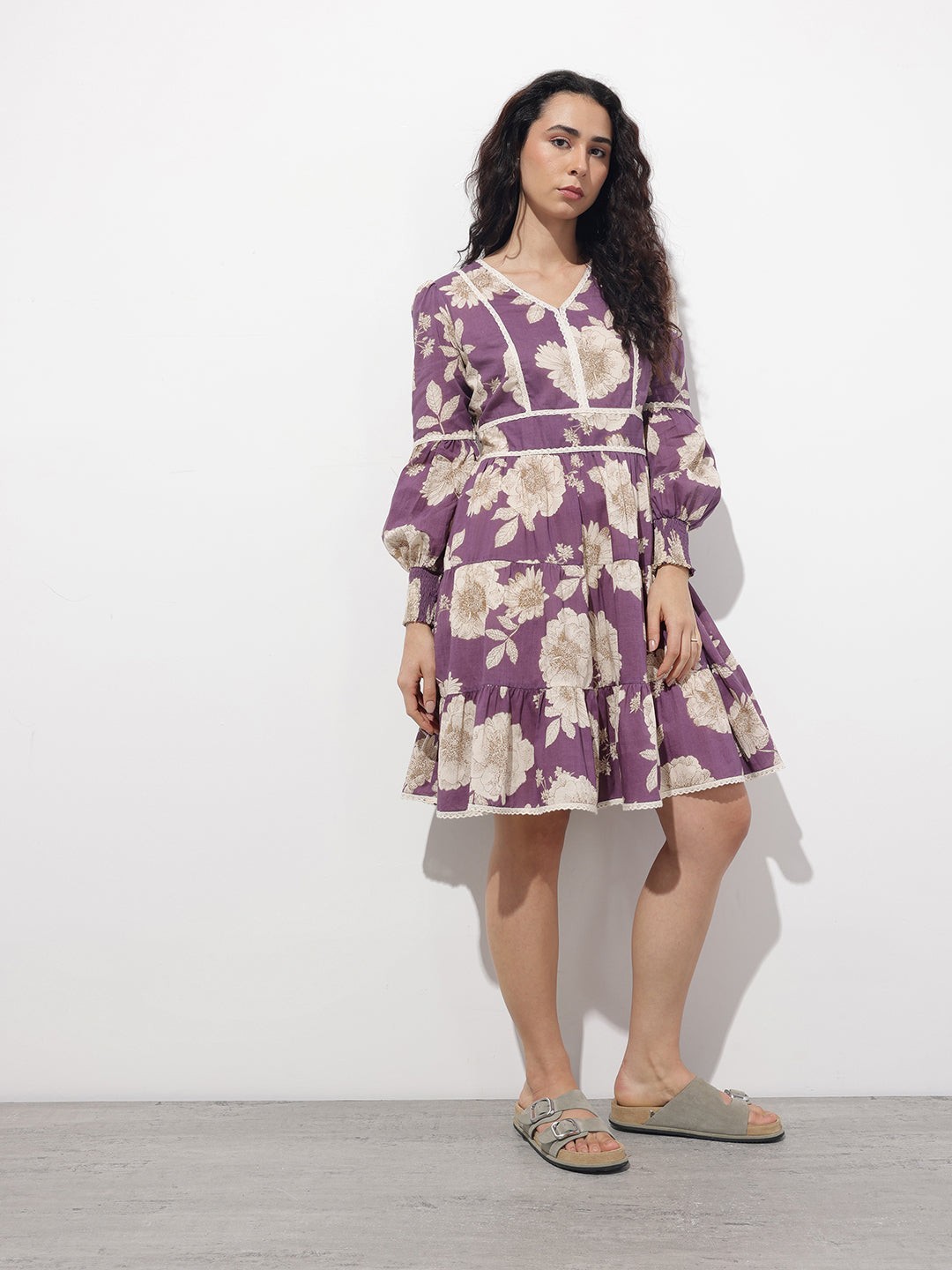 Purple Cotton Midi Dress Women V-Neck Casual Summer Dress Plus Regular Size