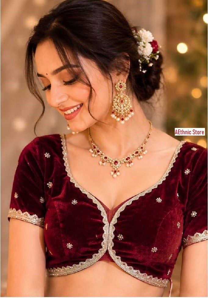 Maroon Velvet Embroidered Blouse, Elbow Sleeve bridal Lehenga Crop Top, choli