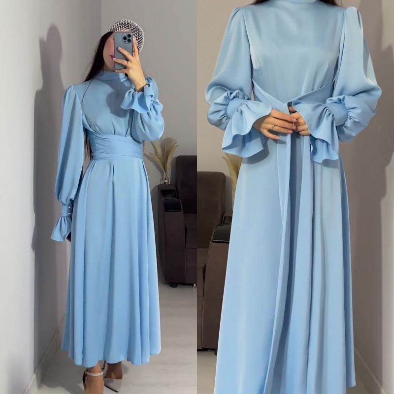 Women Long Dress Lantern Sleeves High Neck Party Plain Color Gown Lace Up Dress