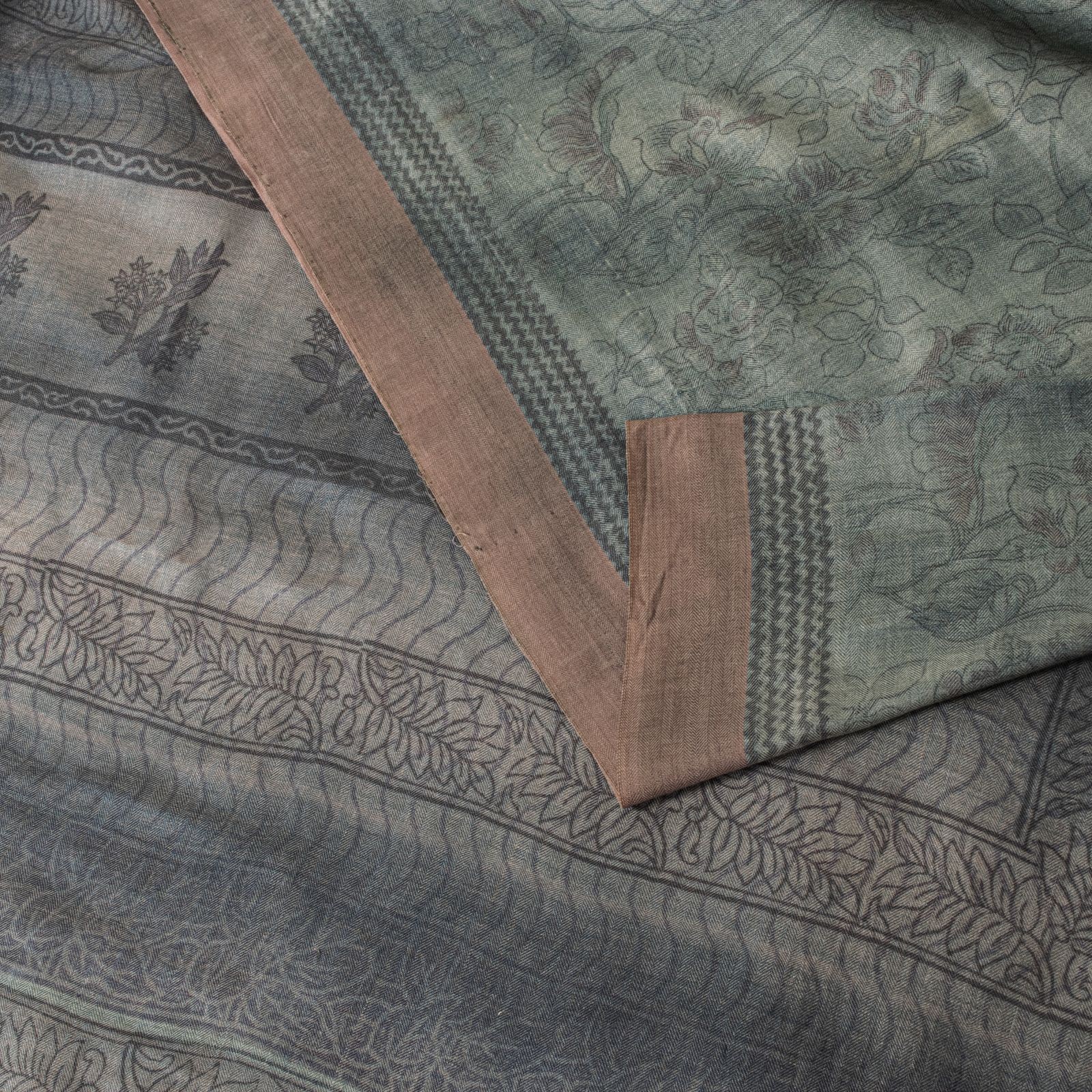 Sanskriti Vintage Gray Pure Woolen Saree Floral Print Sari 5Yd Soft Craft Fabric