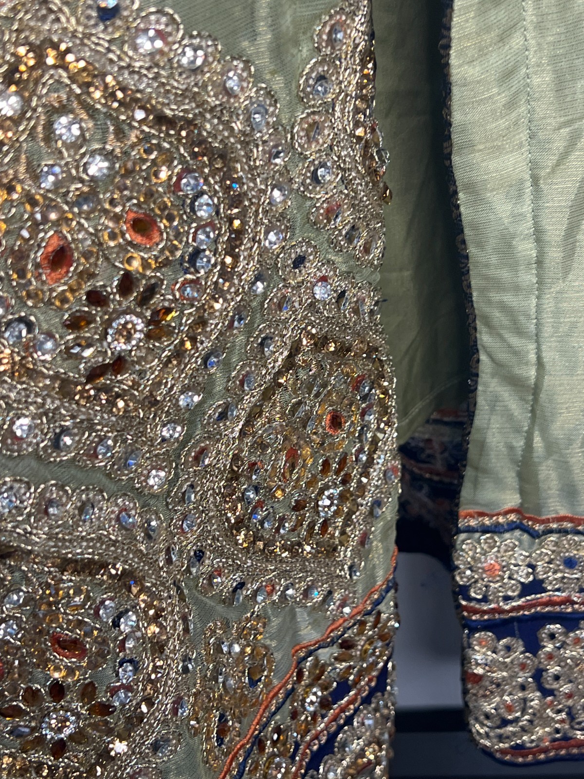 Indian Embroidered Kurta Tunic Olive Green Gold Beaded Formal Preowned