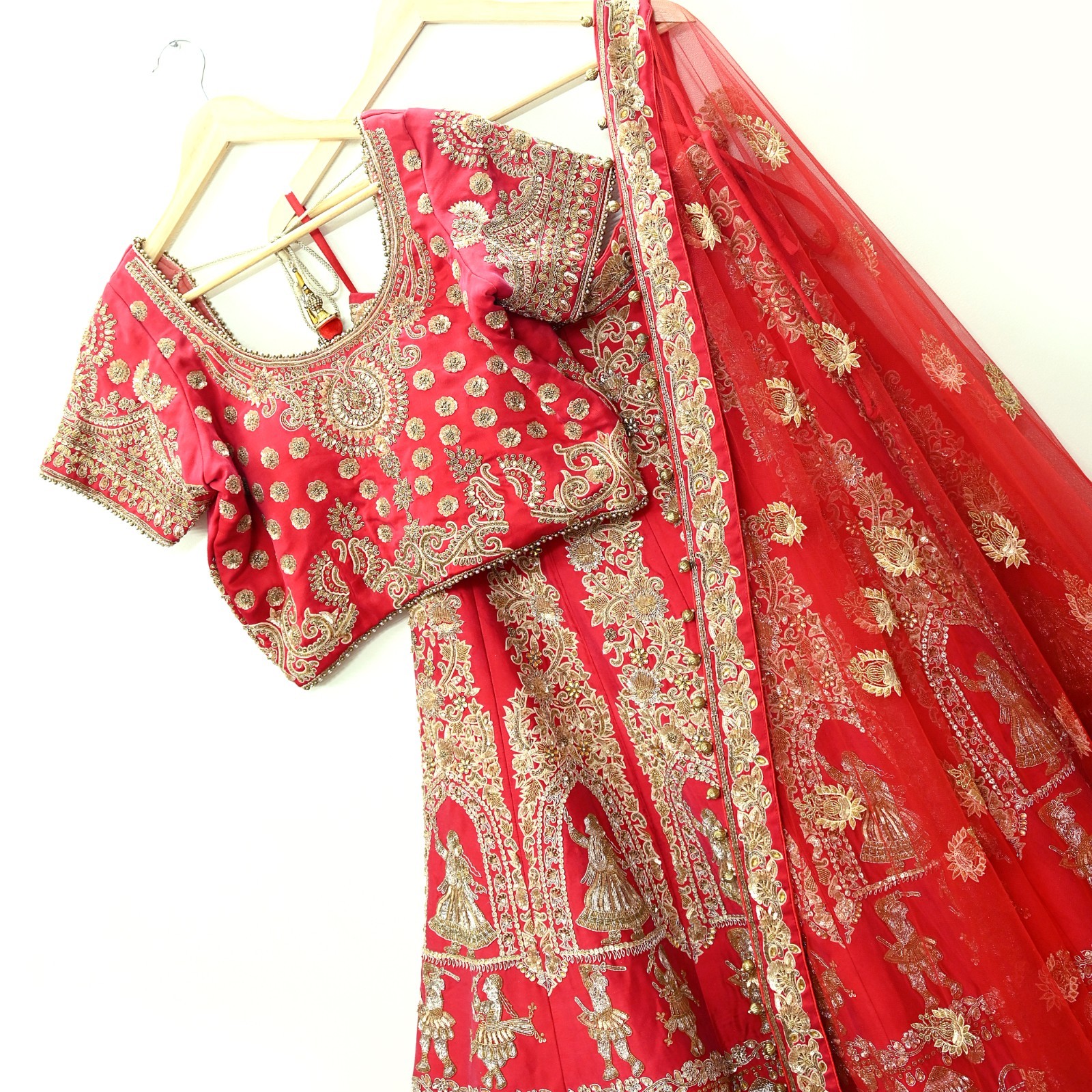 Indian Wedding Red Net/Satin Silk Hand Embroidered Designer Lehenga 3pcs set