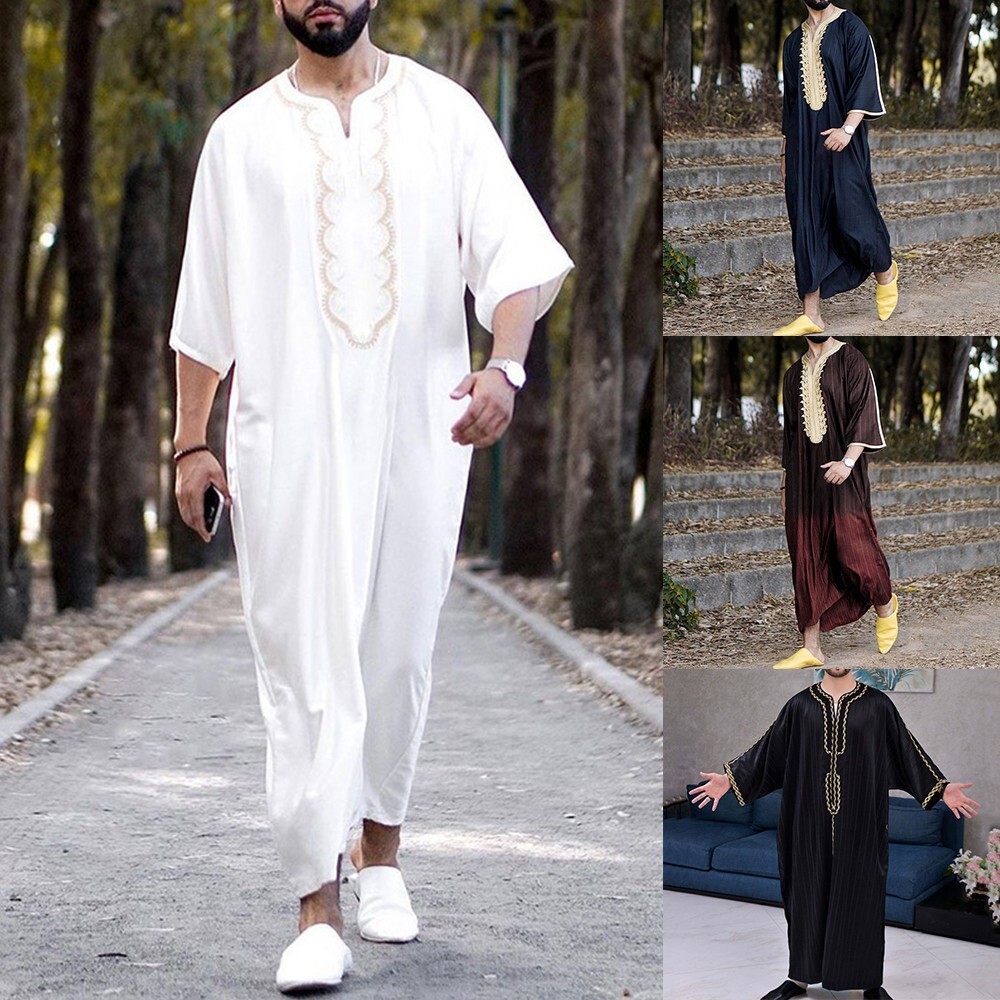 Mens Muslim Clothing Saudi Arab Jubba Kaftan,Dishdash,Thobe,Long-Sleeve