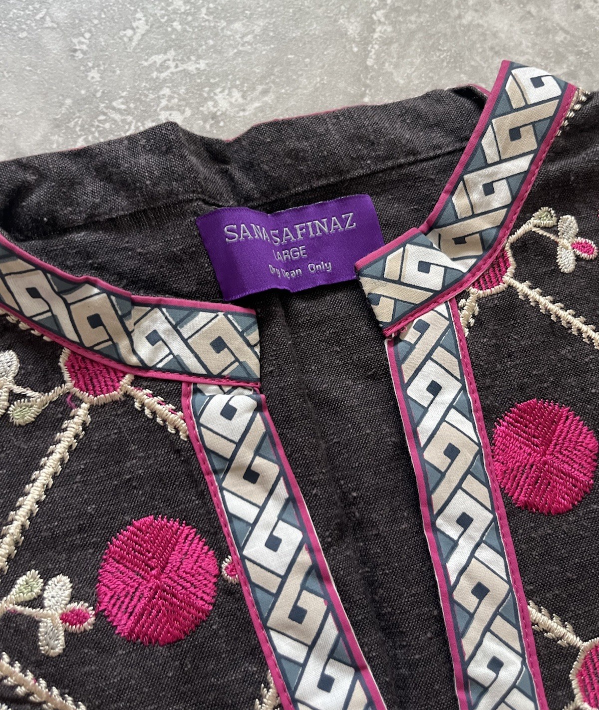 SANA SAFINAZ Geometric Embroidered Cotton Kurti Tunic Shirt Dress NEW Gray L
