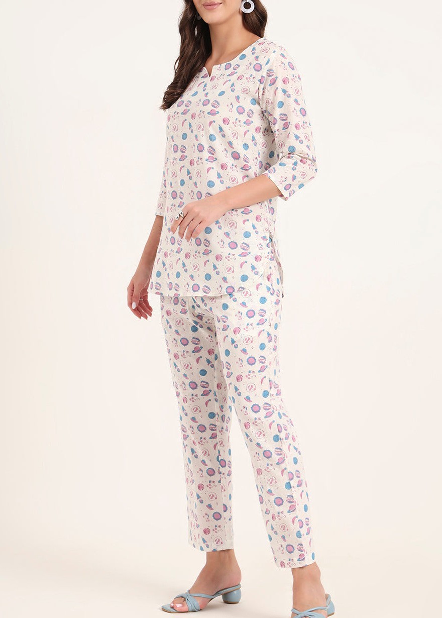 White Printed Cotton Night Suit Set for Women Soft Breathable Sleepwear