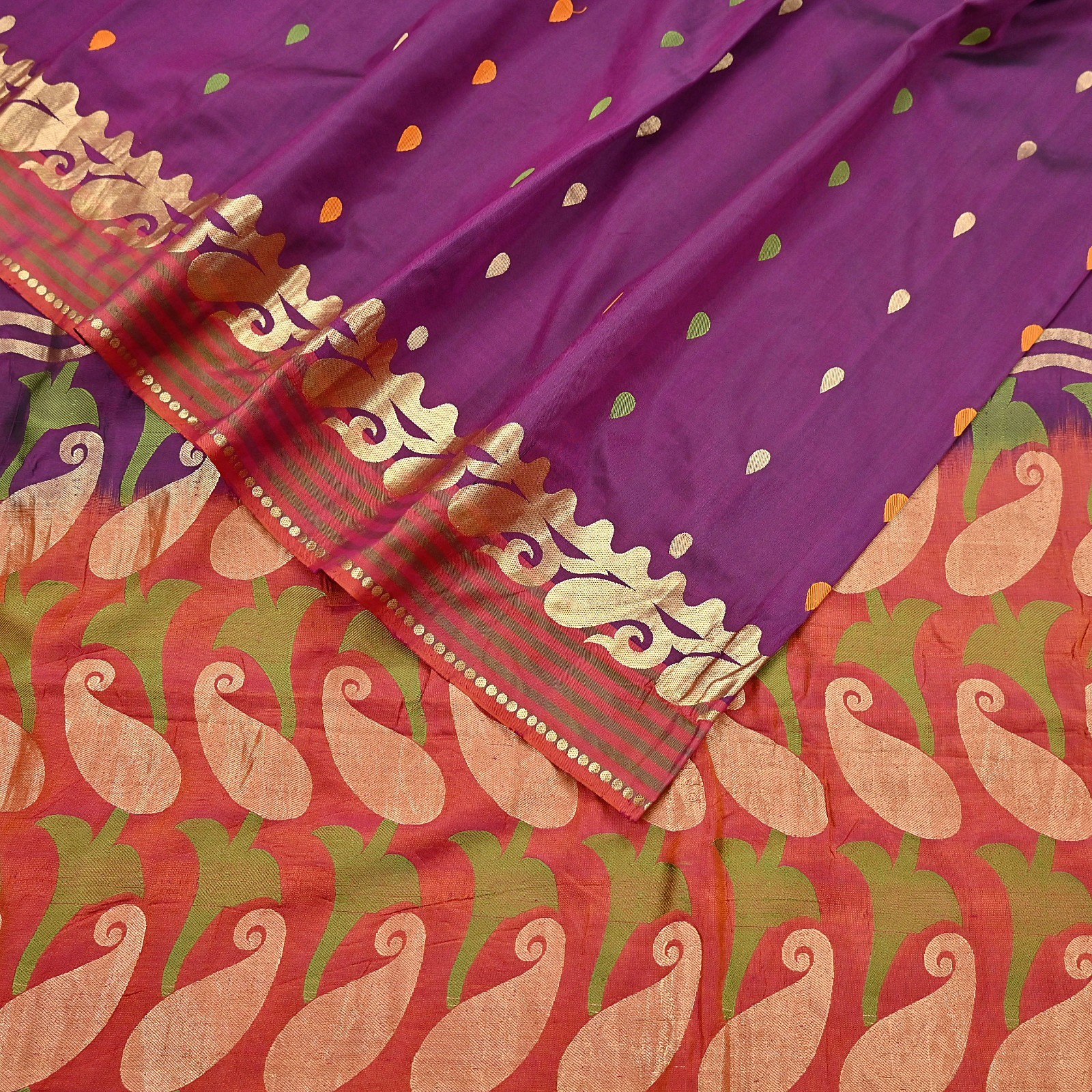 Indian Vintage Heavy Sari Purple & Orange Hand Woven Sarees 100% Pure Silk Zari
