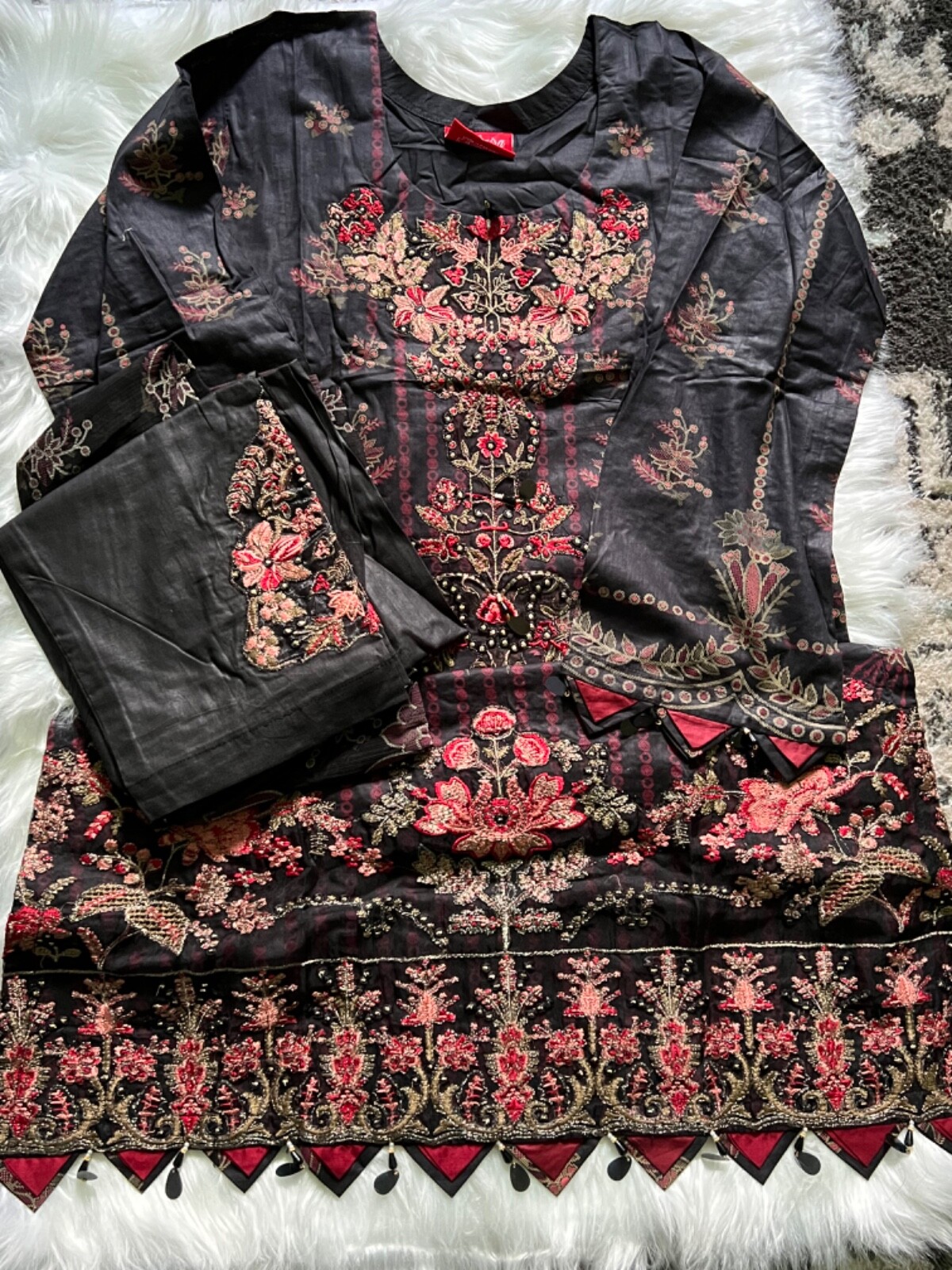 Pakistani / Indian 3PC Shalwar Kameez Cotton Lawn Printed Black Women Size XL