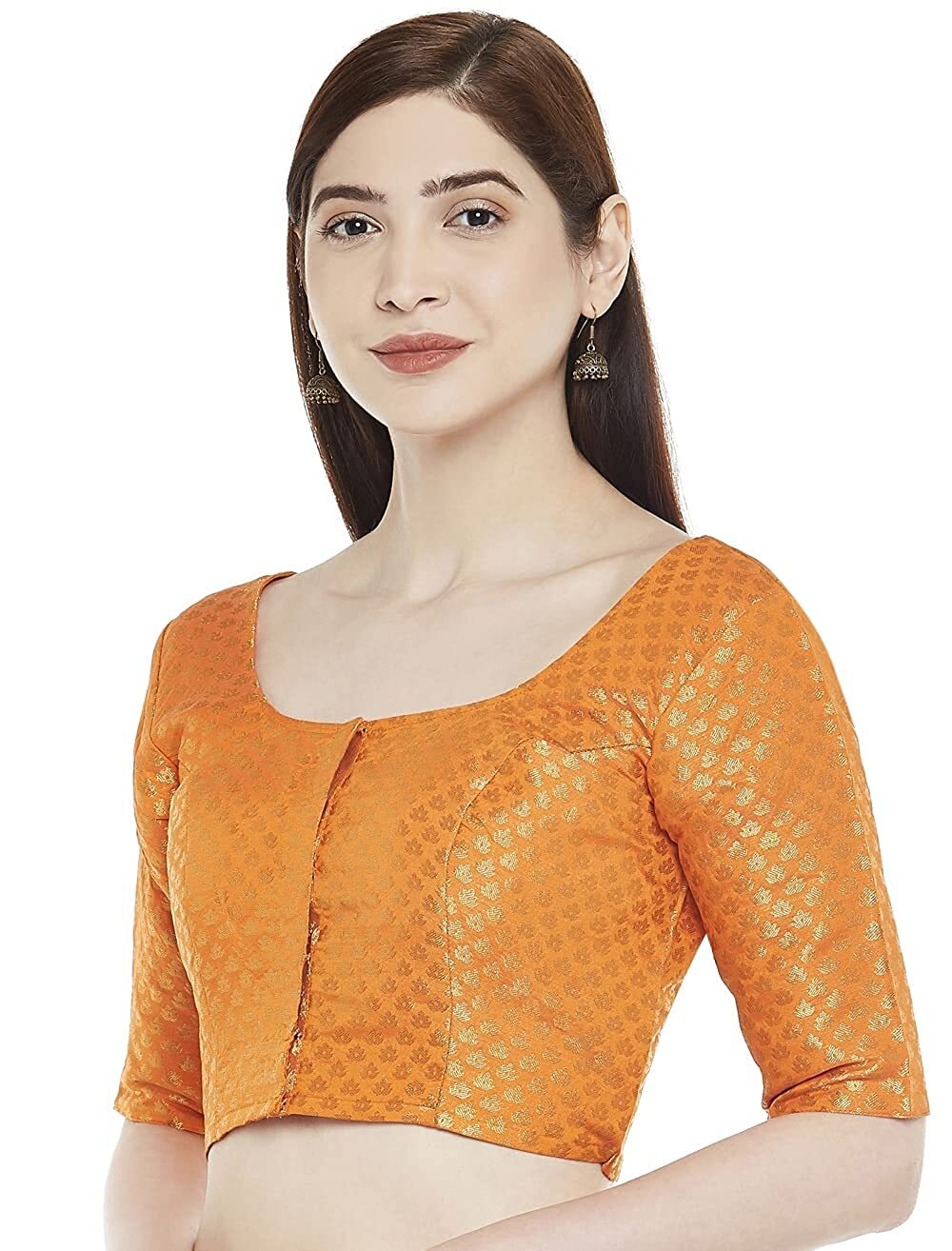 Festival Wedding Women’s Brocade Elbow Sleeves Saree Blouse Orange