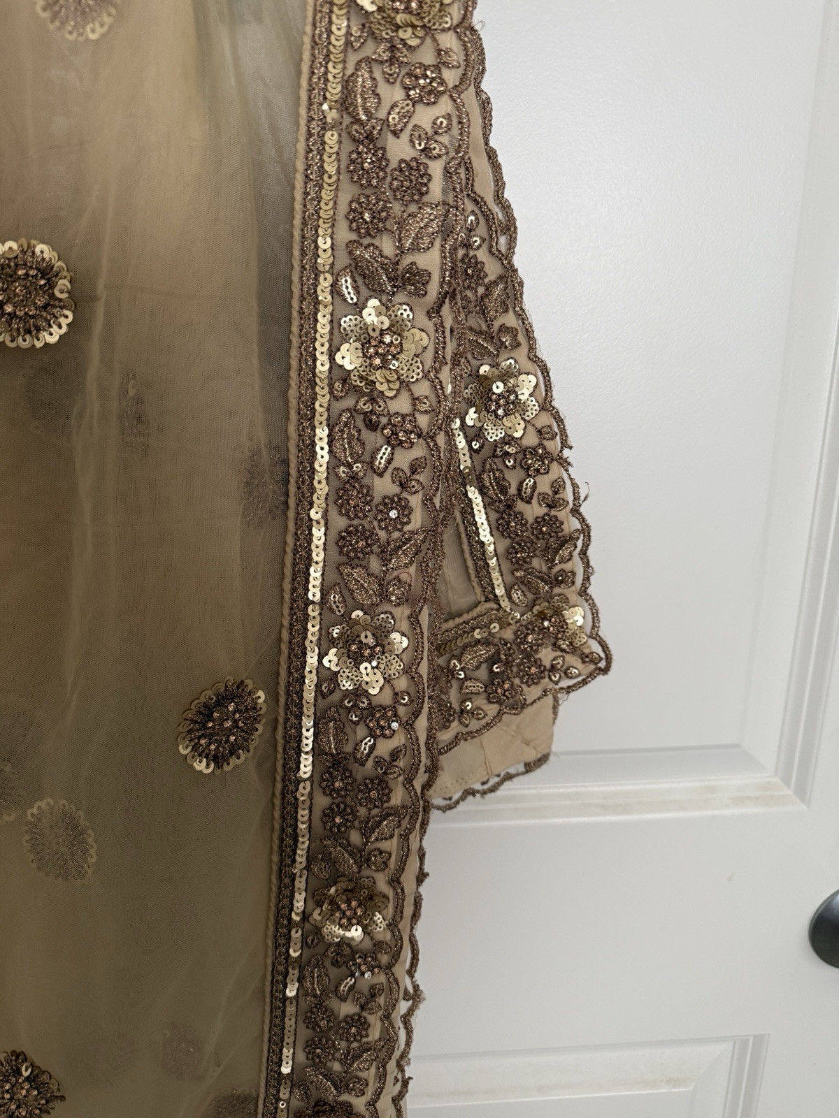 Beige Indian lehenga set Net Sequin Embroidered Set with Skirt Blouse Dupatta.