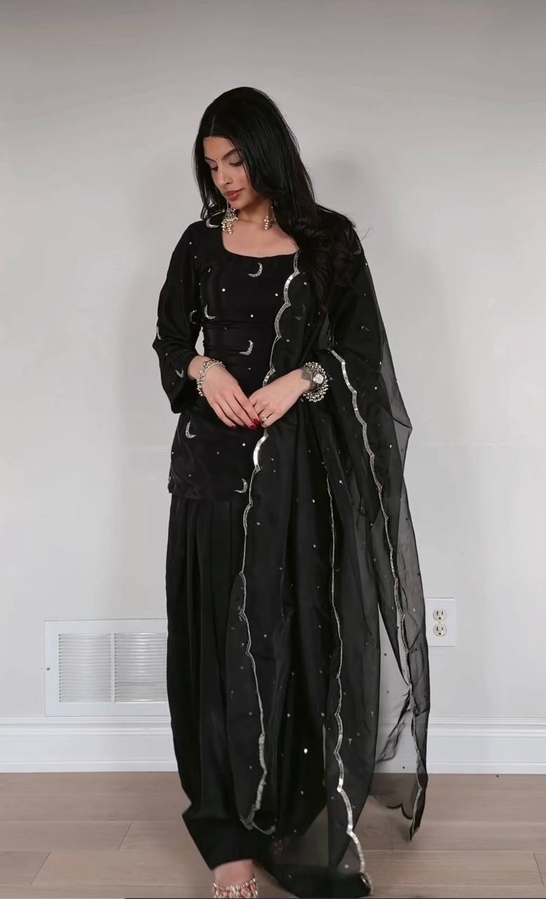 New Black Crepe Silk Farshi Salwar Kameez With Dupatta For Party Wear
