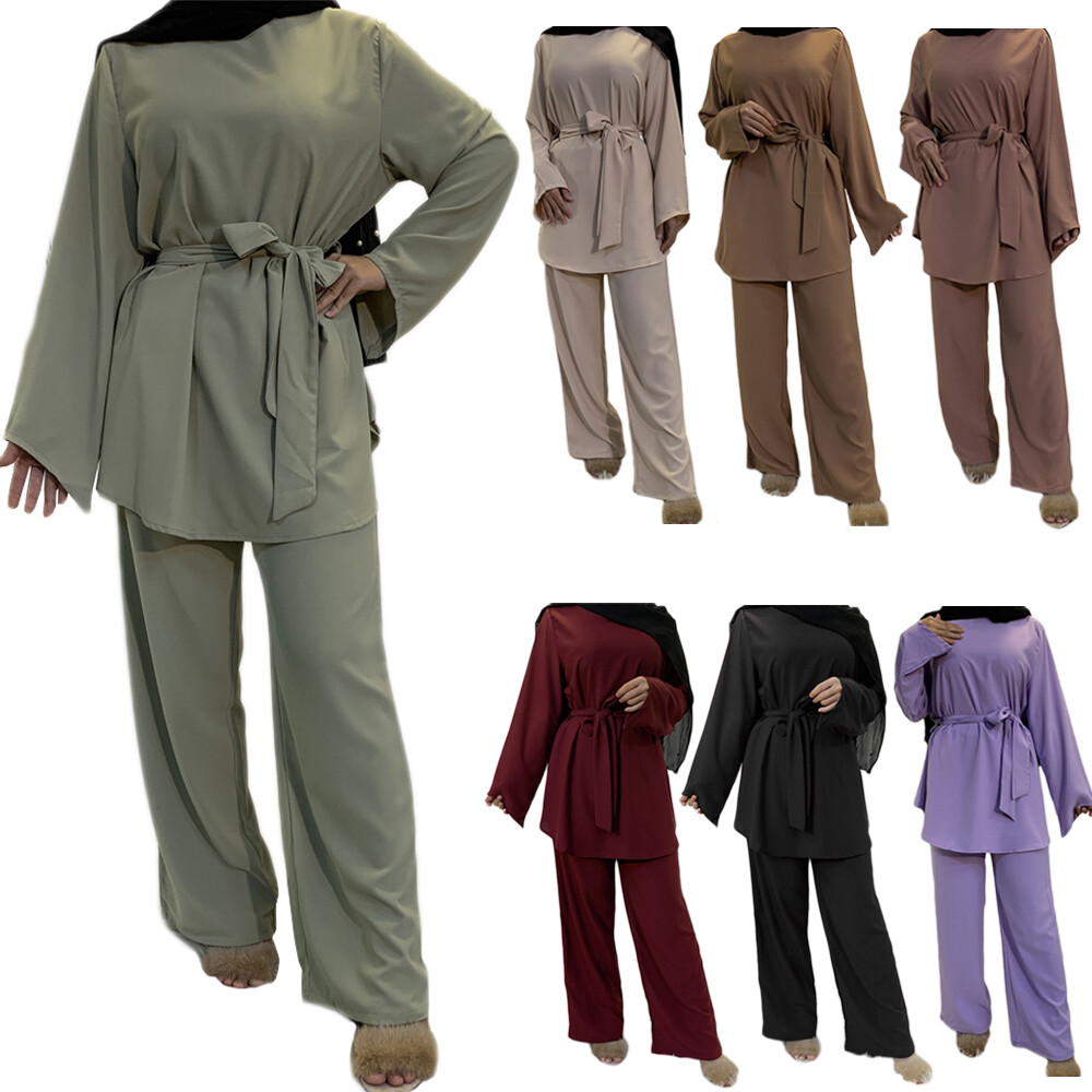Dubai Muslim Women Long Sleeve Blouse Pants Outfits Two Piece Set Abaya Kaftan