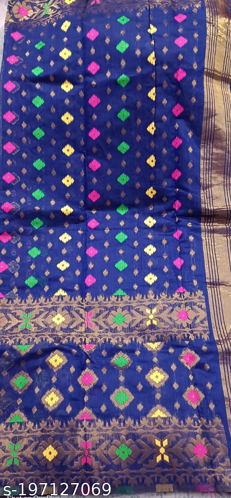 Designer Anniversary jacquard Copper Jamdani Silk Navy Blue color Prints saree