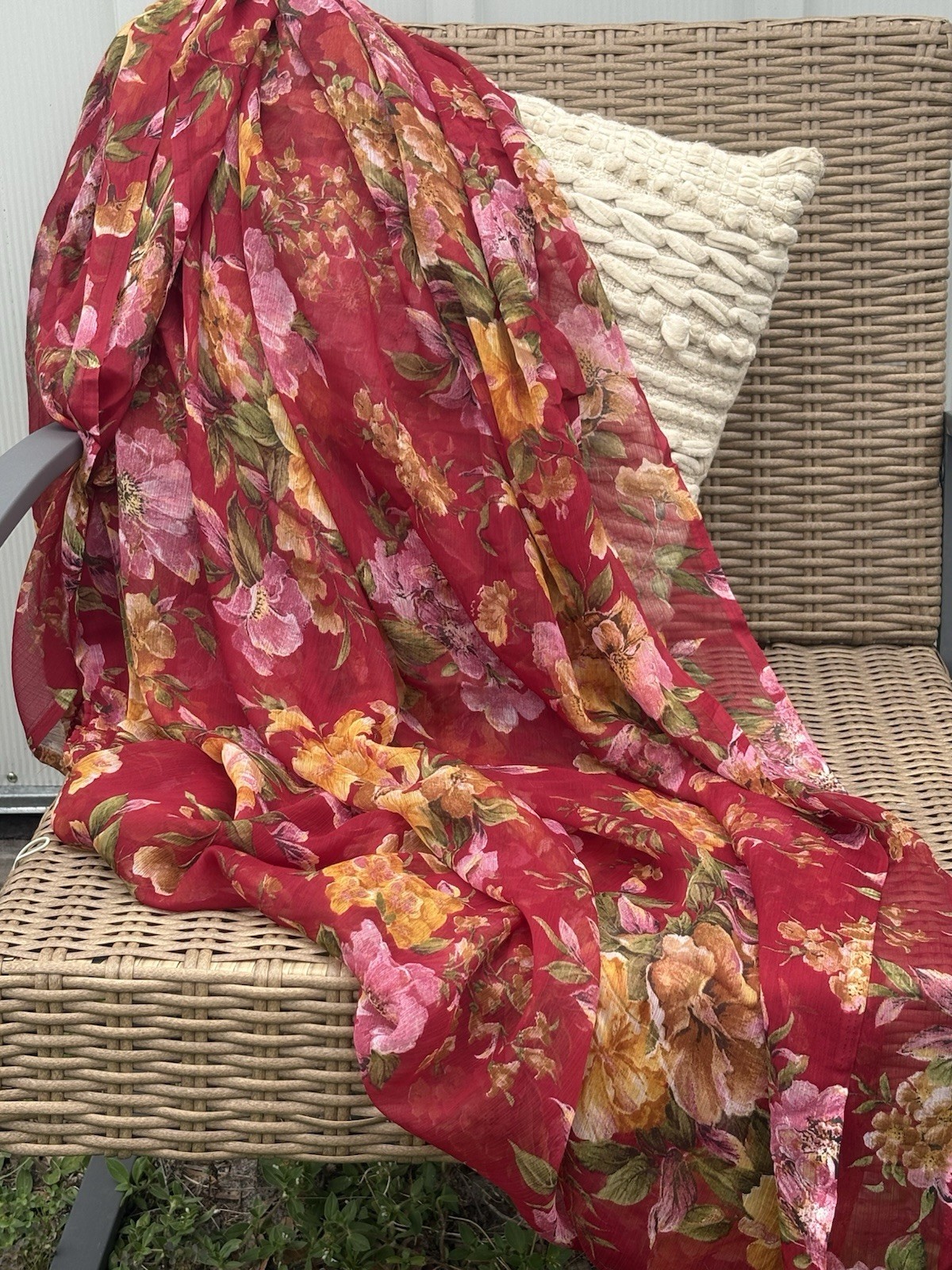 Vintage Indian Silk Saree 6 Yards Red Floral Chiffon Fabric for Decor or Fashion