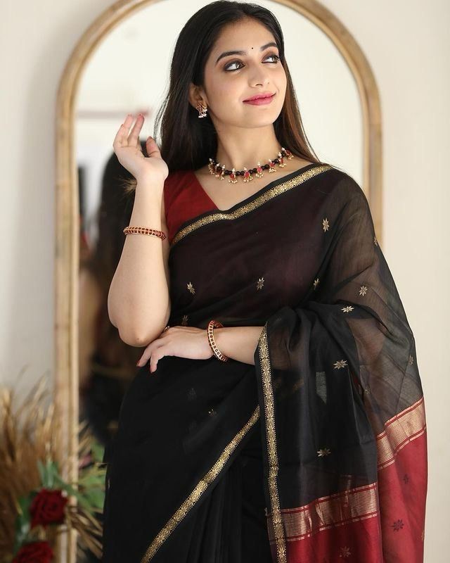 Soft Linen Cotton Saree Jacquard Wedding Party Wear Traditional Indian Sari