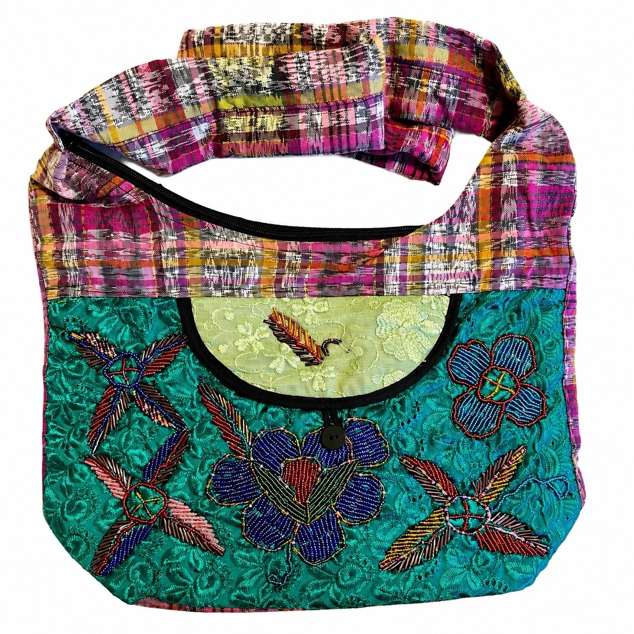 Guatemalan Hand Beaded Lace Floral Shoulder Bag Boho Purse OOAK
