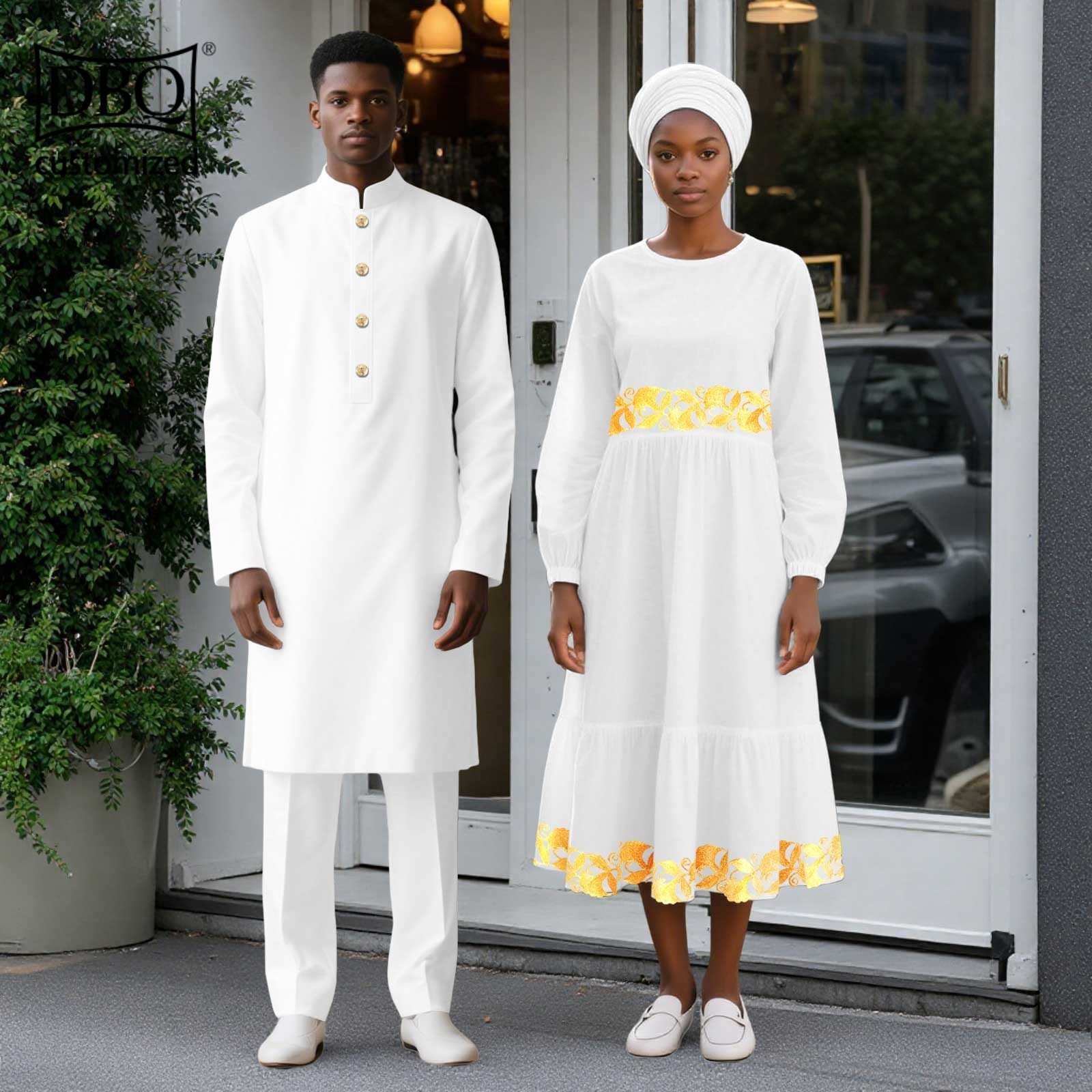 African Wedding Clothes Men Long Jacket Pants Set Women Midi Dress with Headwrap