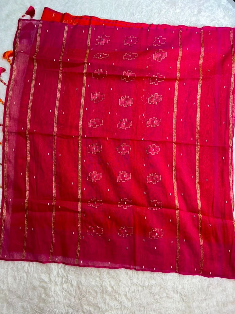 Dhakai Jamdani Karcupi Karada & Sequin Embroidery Saree with Ready Blouse 36-40