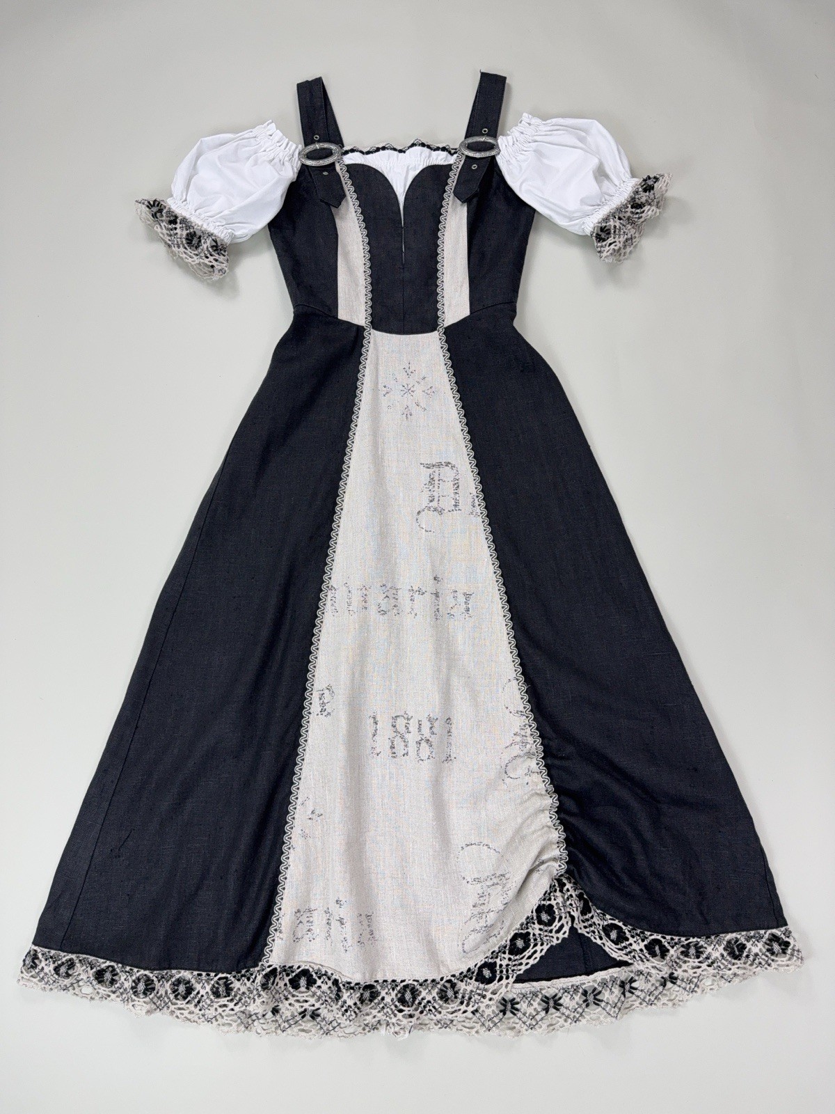 Fuchs Trachtenmoden Octoberfest Folk Linen Dirndl Dress Black Beige Lace 34/XS