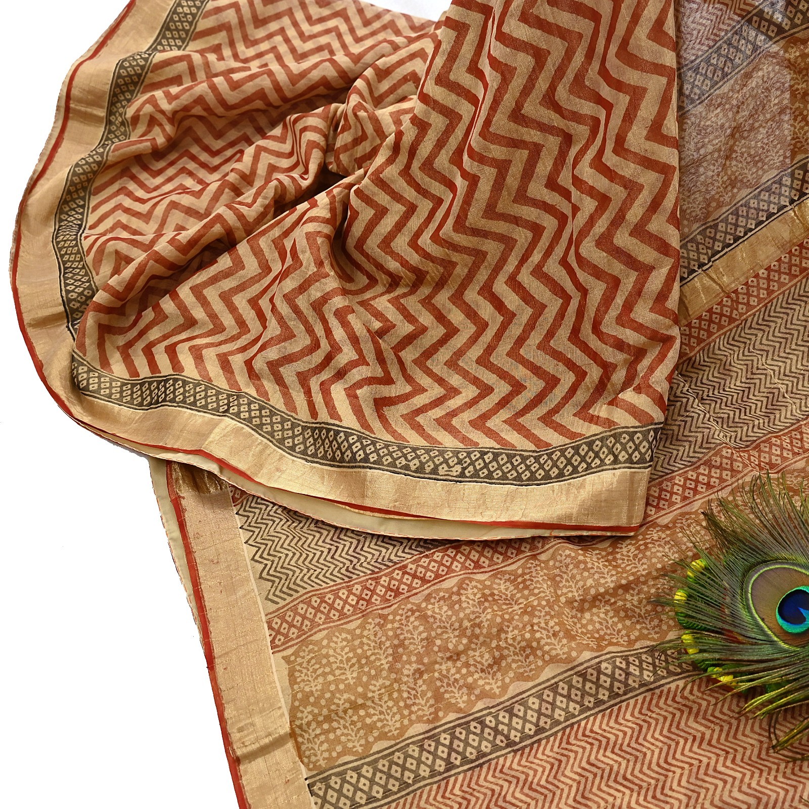 Indian Vintage Beige Pure Chanderi Silk Saree Block Printed Floral Design, Zari