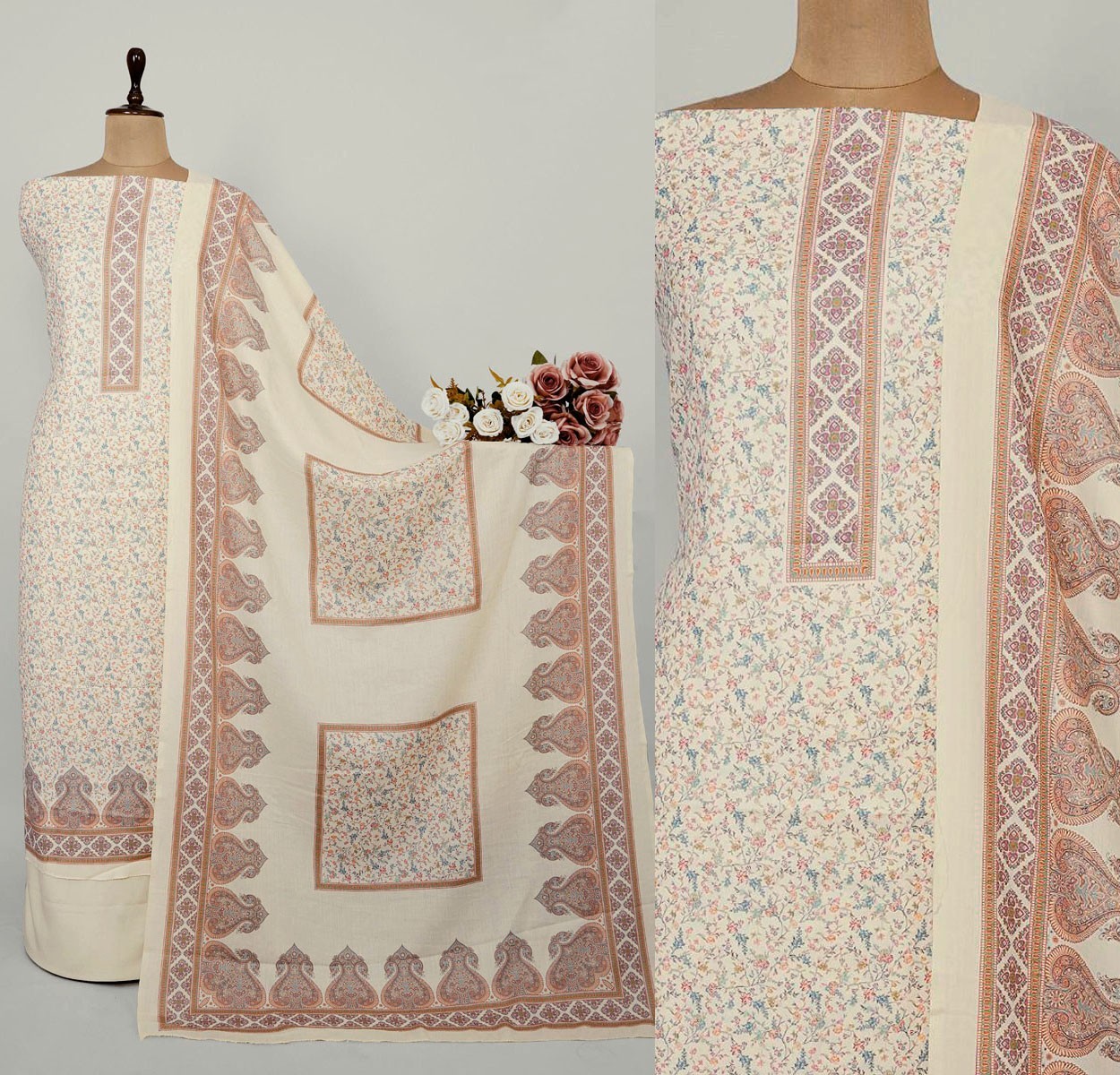 OFF WHITE KASHMIRI KANI STYLE PRINTED WOOL INDIAN SALWAR KAMEEZ SHAWL SUIT SNJ