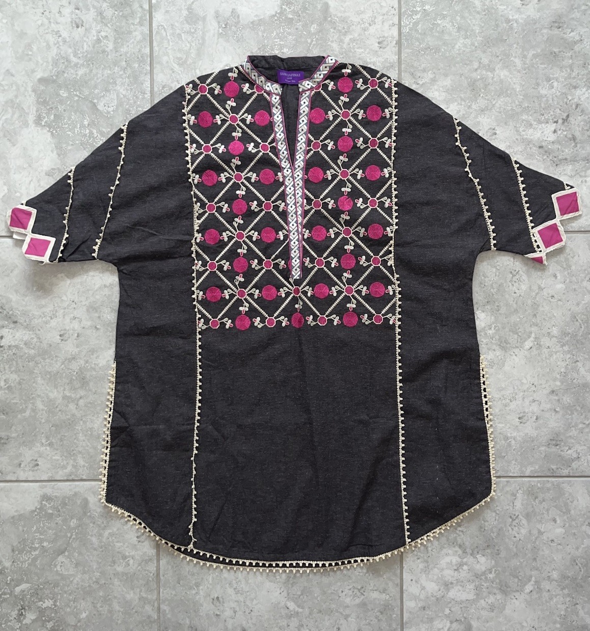 SANA SAFINAZ Geometric Embroidered Cotton Kurti Tunic Shirt Dress NEW Gray L