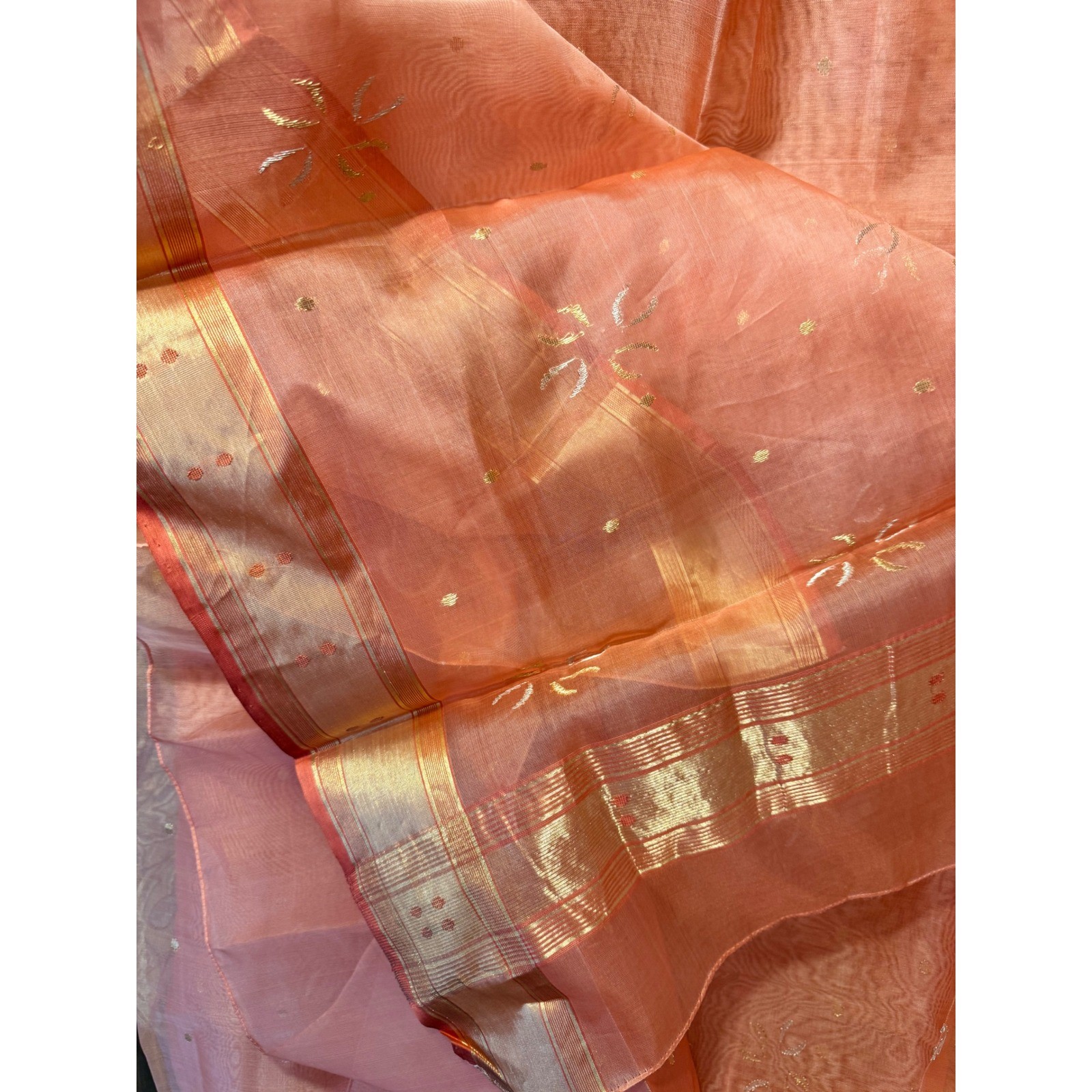 Peach Tissue Coral Gold Zari Embroidered Saree Set w Cotton Petticoat Indian