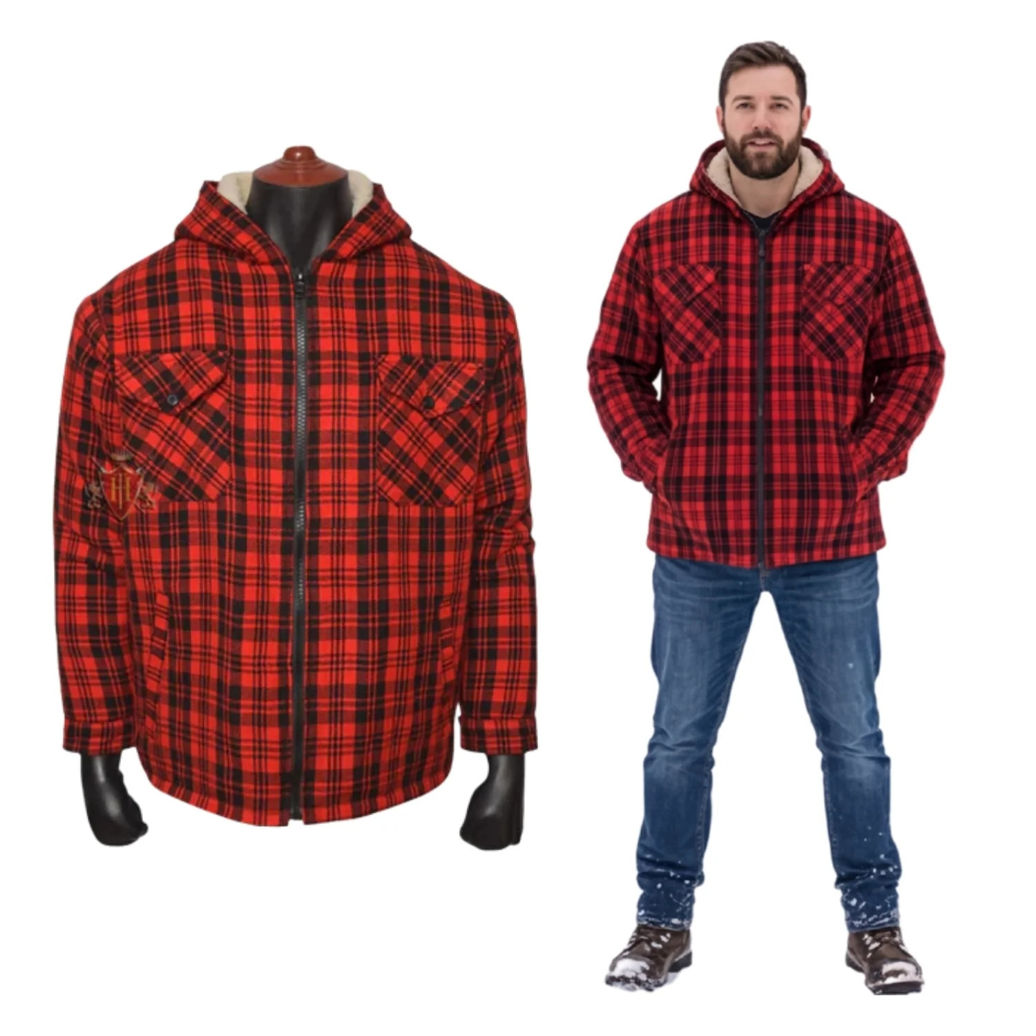 Red/Black Hoodies Lumberjack Sherpa Wool Fabric Lined Tartan
