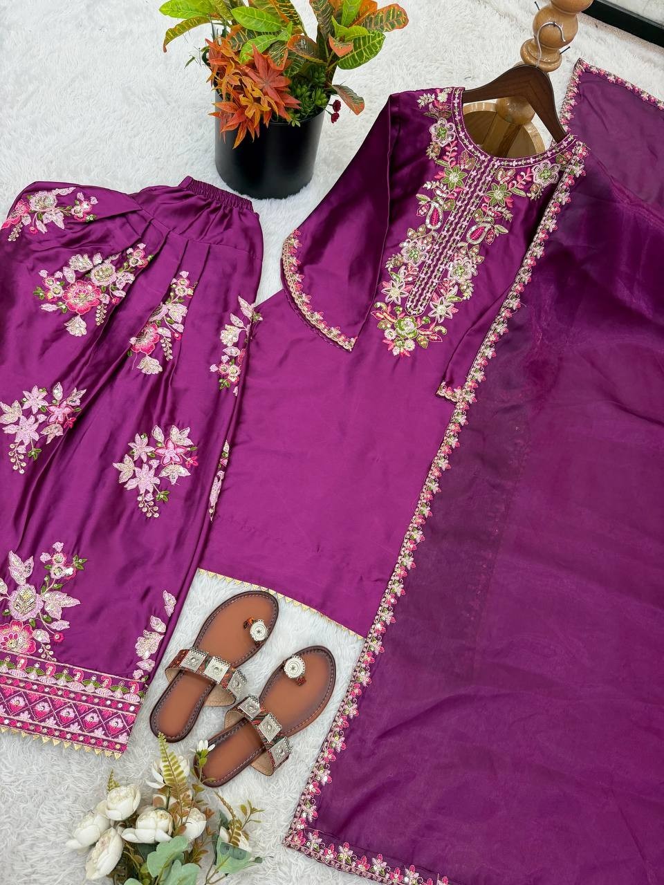 Beautiful Look French Crepe Wine Top Bottom With Dupatta For Festival Wear