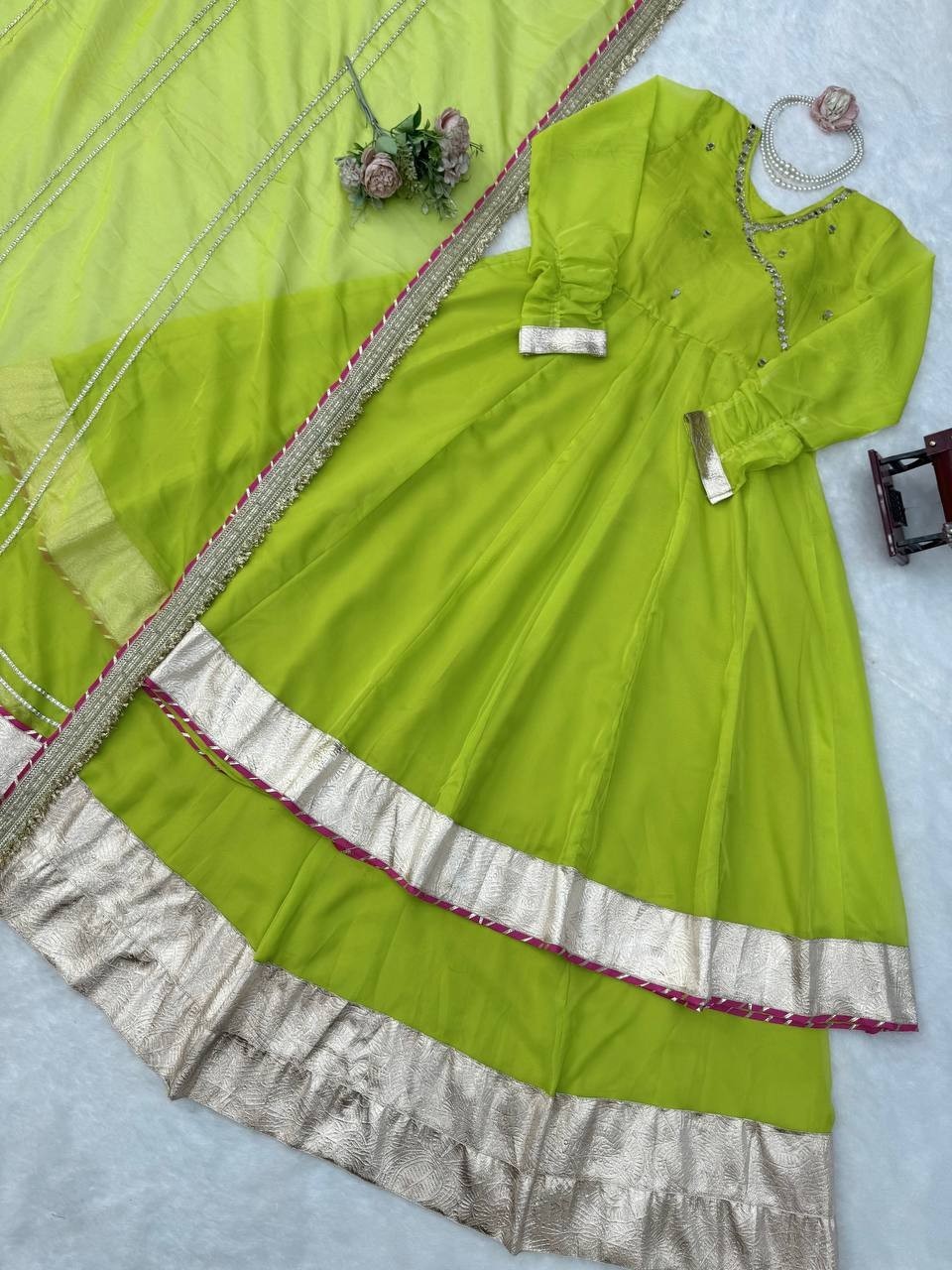 New Tabby Organza Silk Parrot Green Top Lehenga With Dupatta For Ethnic Wear