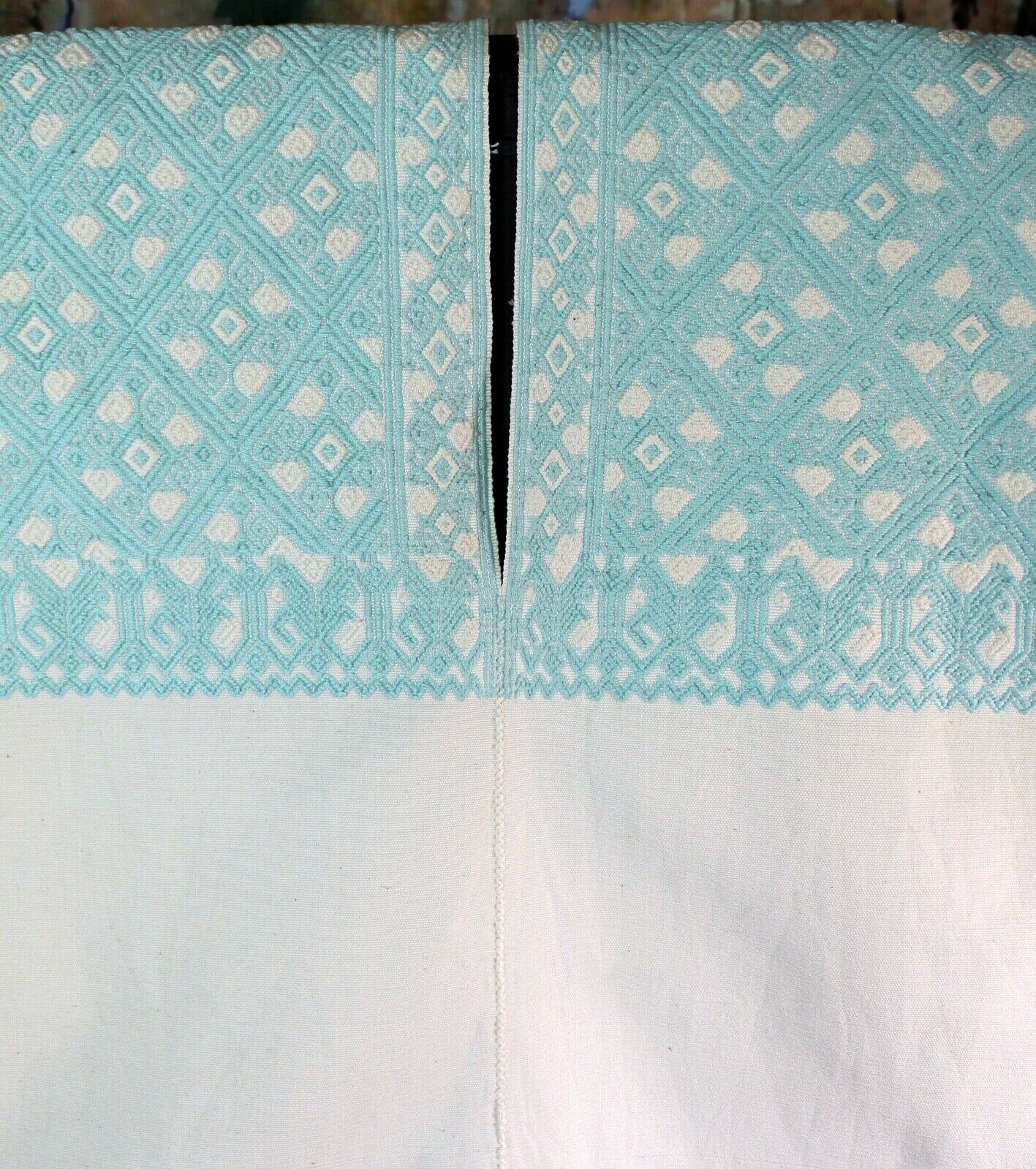 M/L Huipil Aqua & Cream Handwoven Backstrap Loom Mayan Larrainzar Chiapas Mexico