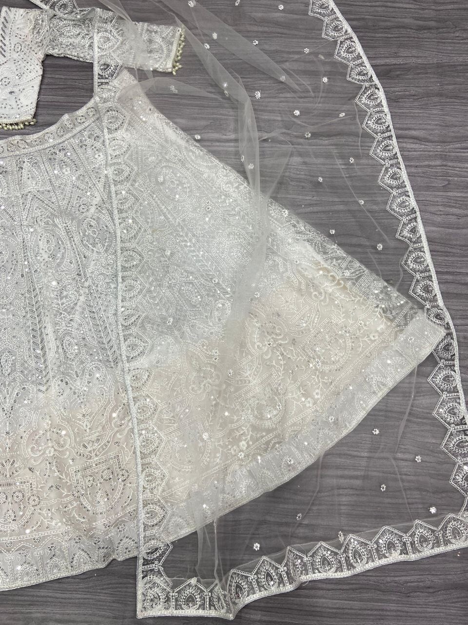 Traditional Wear White Soft Butterfly Net Lehenga Choli With Dupatta For Women