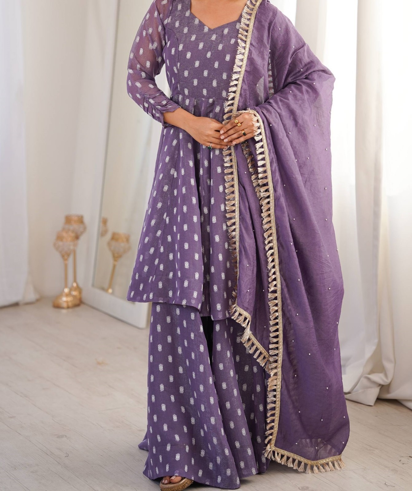 Latest Heavy Crunchy Silk Purple Top Palazzo With Dupatta For Ethnic Wear