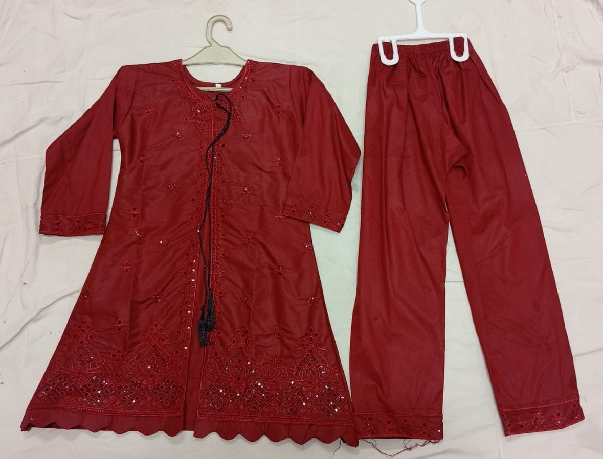 Cotton Embroidered Open Shirt style 2Piece Suit Bridal Red Kurti Trouser set