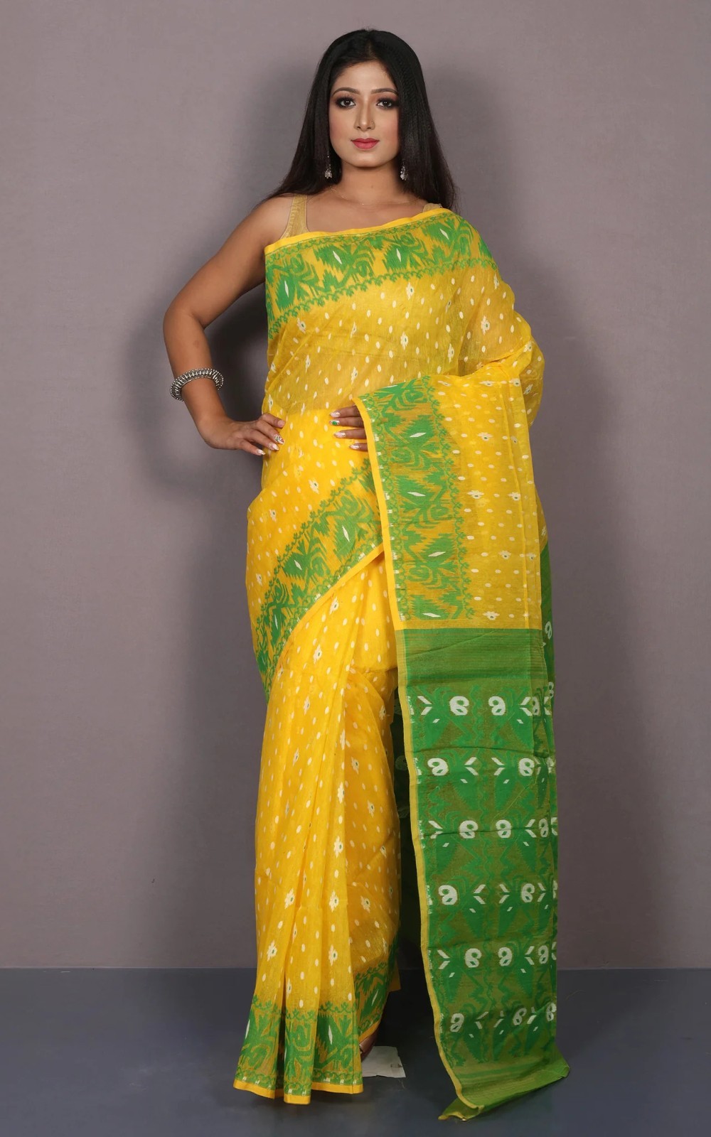 Women’s Yellow Cotton Muslin Soft Jamdani Saree Nakshi Work & Unstitched Blouse