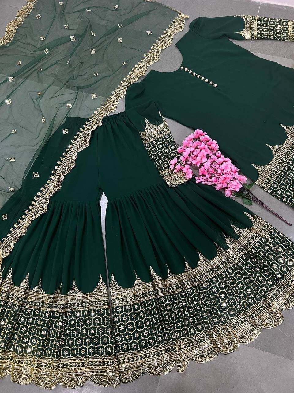 New Launch Georgette Green Palazzo Suit With Net Dupatta For Reception Wear